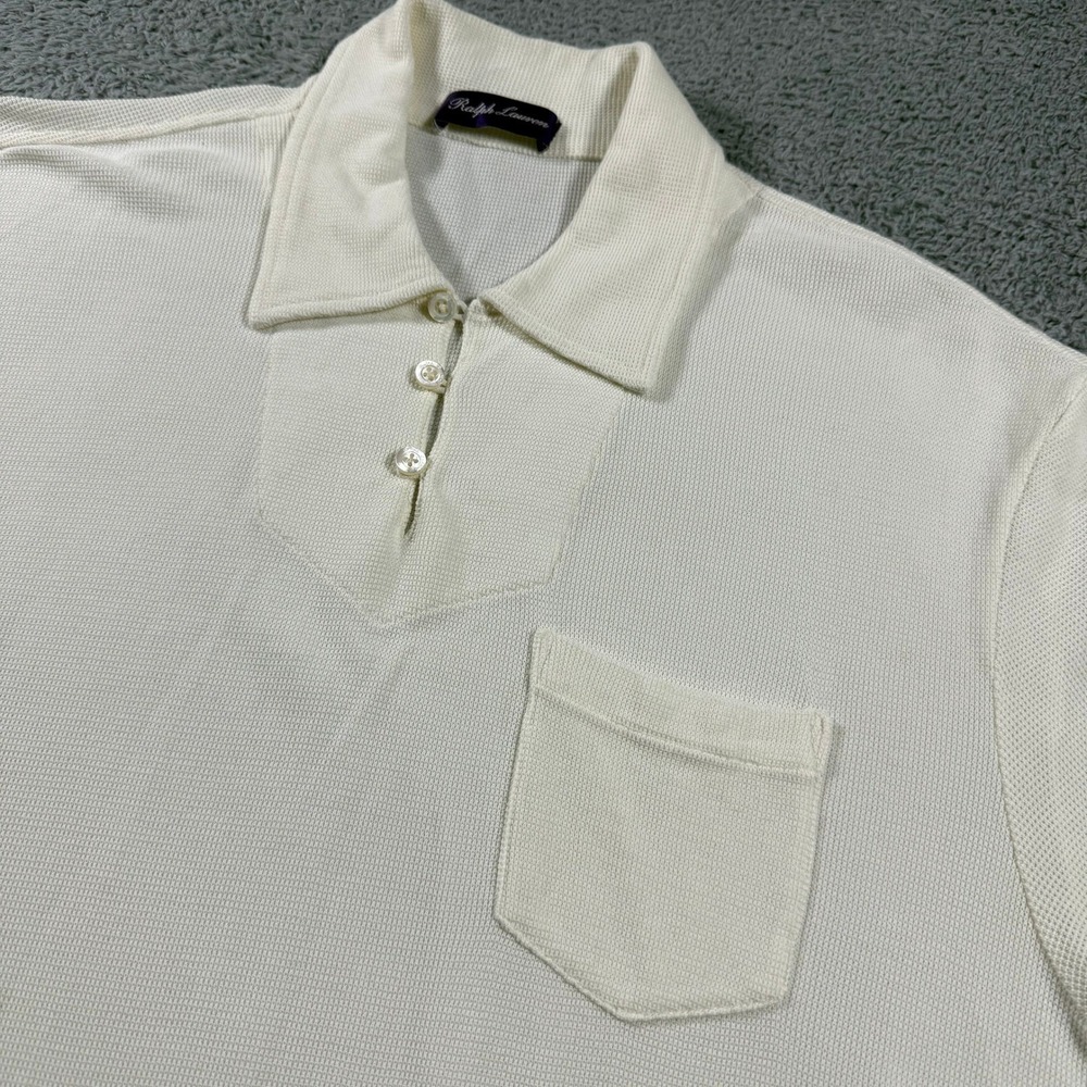 Ralph Lauren‎ Purple Label Polo Shirt Mens XL Cream Waffle Knit Cotton Pocket